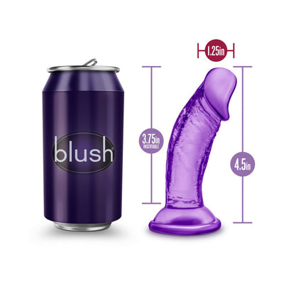 Purple 4.5-inch Sweet N Small dildo with suction cup next to a purple can for size comparison and measurement details.