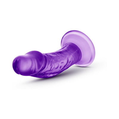 Purple 4-inch realistic textured dildo with suction cup base on white background.