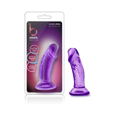 Purple 4-inch realistic textured dildo with suction cup base next to its branded packaging.