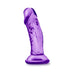 Compact purple 4-inch realistic dildo with suction cup base for hands-free use.