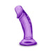 Compact purple 4-inch dildo with suction cup base, realistic texture, and curved design for versatile use.