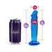 Blue translucent 6-inch dildo with suction cup base next to a purple can for size comparison and measurement details.