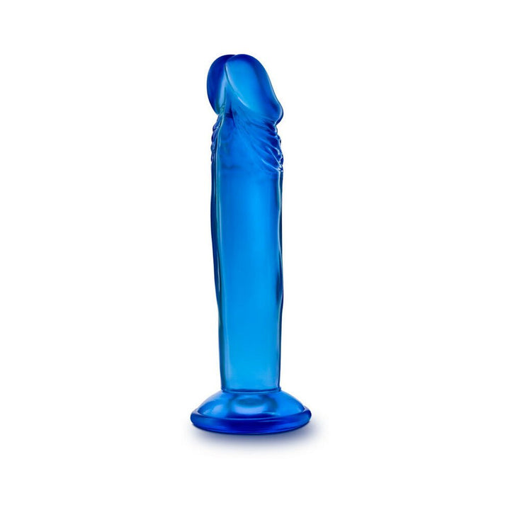 Blue translucent 6-inch suction cup dildo with realistic shape and textured details.