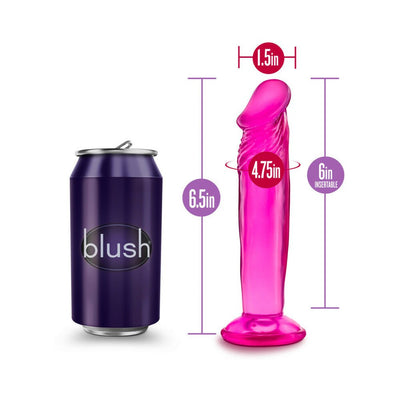 Purple 6-inch translucent dildo with suction base shown next to a soda can for size comparison and measurement details.