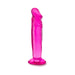 Bright pink translucent 6-inch suction cup dildo with realistic texture and curved tip on white background.