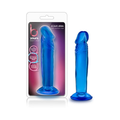 Blue 6-inch realistic dildo with suction cup base displayed next to its packaging.