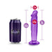 Purple 6-inch suction cup dildo with size measurements next to a purple can for scale.