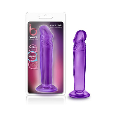 Purple 6-inch realistic dildo with suction cup base displayed next to its packaging.