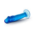 Blue translucent 6-inch suction cup dildo with textured shaft and rounded tip on white background.