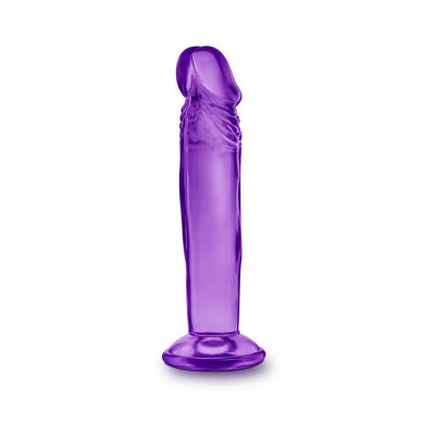 Purple 6-inch translucent dildo with suction cup base standing upright on white background.