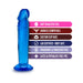 Blue translucent dildo with suction cup base and text highlighting soft feel, harness compatibility, and body-safe materials.