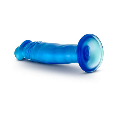 Blue translucent 6-inch suction cup dildo with textured shaft and rounded base on white background.