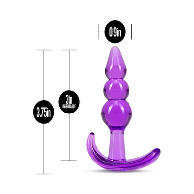 Purple triple bead anal plug with curved base, measuring 3.75 inches total and 3 inches insertable length.