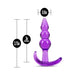 Purple triple bead anal plug with curved base, measuring 3.75 inches total and 3 inches insertable length.