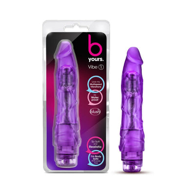 Purple realistic textured vibrator with twist dial base shown in and out of clear retail packaging.