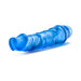 Blue translucent flexible vibrator with textured shaft and twist dial base on white background