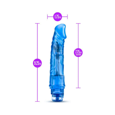Blue translucent vibrator with realistic shape and size measurements shown in purple text and lines.