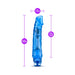 Blue translucent vibrator with realistic shape and size measurements shown in purple text and lines.
