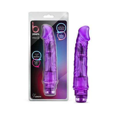 Purple realistic textured vibrator with curved tip, shown in and out of clear retail packaging.