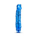 Blue translucent flexible vibrator with textured shaft and twist dial base on white background