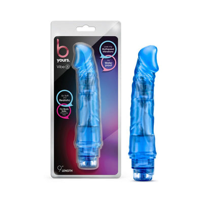 Blue realistic textured vibrator with curved head and twist dial base shown in and out of packaging.