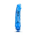Blue translucent flexible vibrator with a realistic shape and twist dial base on white background.