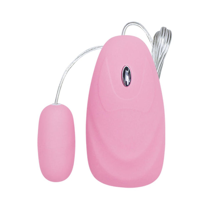 Pink bullet vibrator with attached wired remote control and single button for adjustable settings.