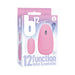 Pink B12 bullet vibrator with attached wired remote control shown on product packaging.