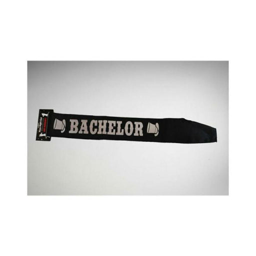 Black bachelor sash with white text and top hat icons, designed for bachelor party celebrations.