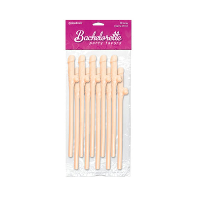 Pack of 10 beige novelty drinking straws with playful bachelorette party design in clear packaging with pink label.