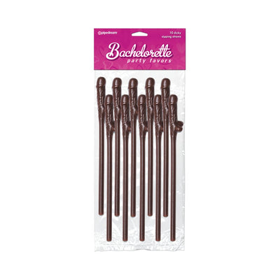 Pack of 10 brown novelty straws with playful adult-themed design, perfect for bachelorette party favors.
