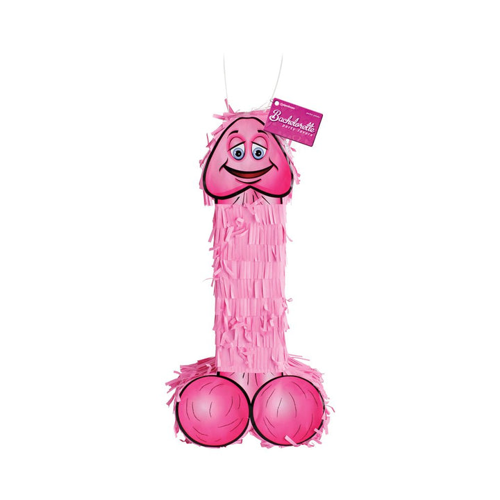 Pink novelty bachelorette party piñata shaped with playful cartoon features and fringe details.