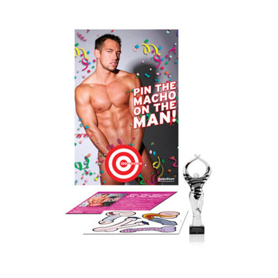 Bachelorette party game set featuring a shirtless man poster, cutout pieces, instructions, and a trophy award.