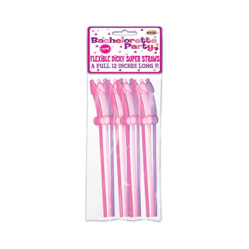 Pack of 10 flexible bachelorette party straws in pink and purple with playful design, 12 inches long.