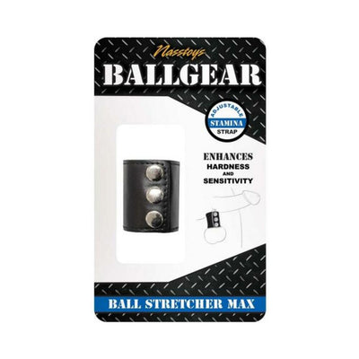 Black adjustable ball stretcher with three metal snaps displayed in branded packaging.