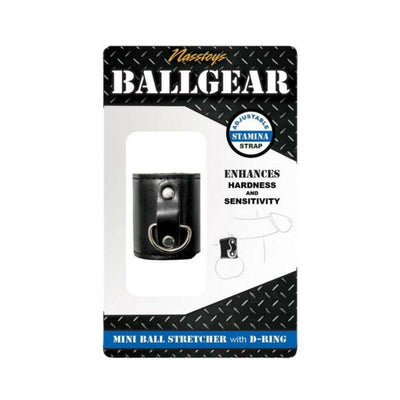 Black mini ball stretcher with adjustable stamina strap and metal D-ring in retail packaging