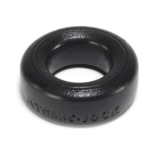 Small black silicone ballstretcher ring with Atomic Jock branding embossed on the side.