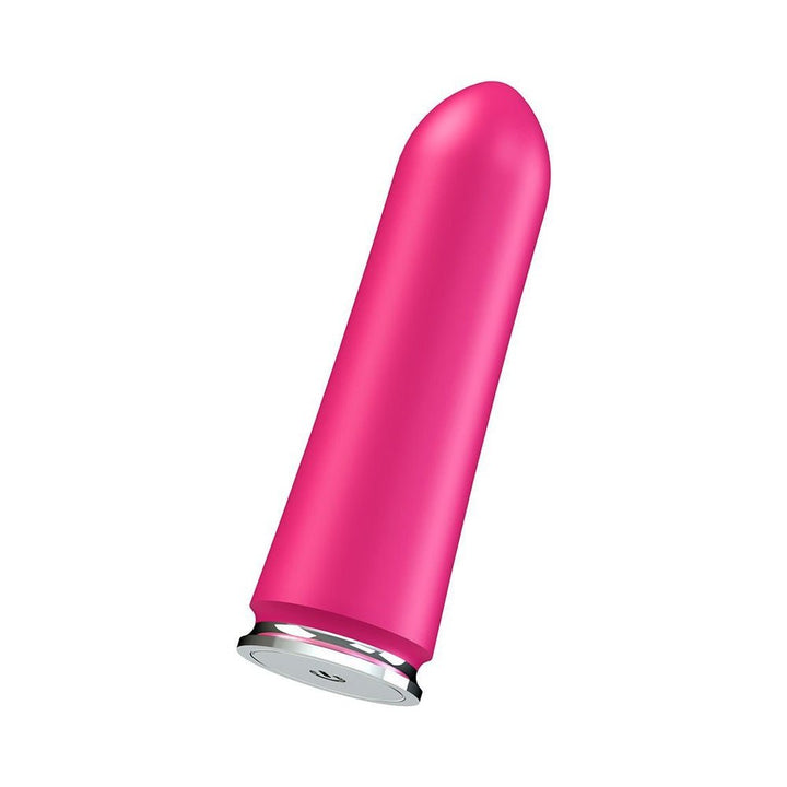 Compact pink rechargeable bullet vibrator with smooth silicone finish and silver base ring.