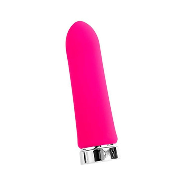 Compact rechargeable pink silicone bullet vibrator with silver base, designed for discreet and versatile use.