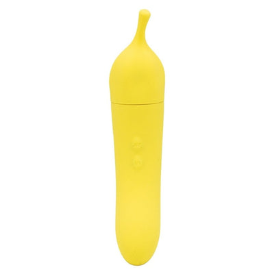 Yellow Banana Cream Air Pulse & G-Spot Vibrator with curved tip and smooth silicone finish on white background.