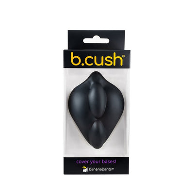 Black b.cush silicone dildo base stimulation cushion in clear retail packaging by Banana Pants.