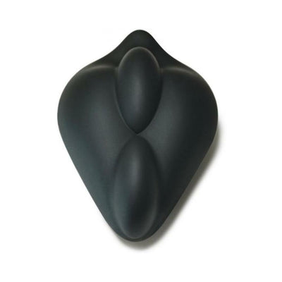 Black silicone double-bump stimulation cushion with a flat base for dildo support and added comfort.