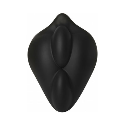 Black silicone strap-on accessory sleeve with dual raised bumps for enhanced stimulation and comfort.