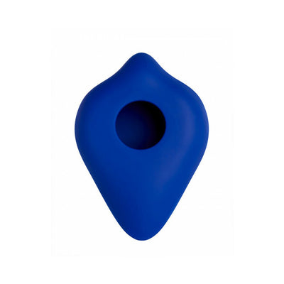 Midnight blue silicone BumpHer sleeve with double-bump design and central hole for strap-on enhancement.