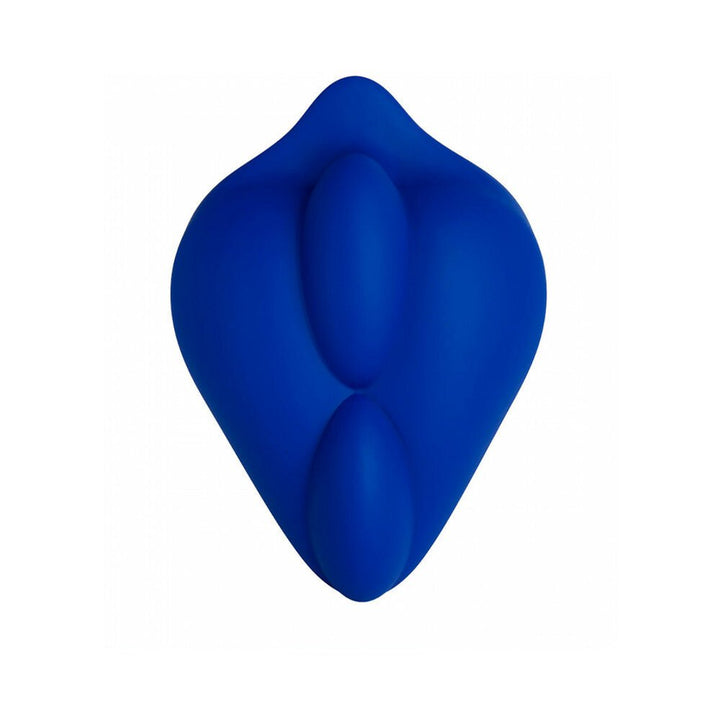 Midnight blue silicone BumpHer sleeve with dual raised bumps for enhanced pleasure during harness play.