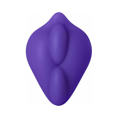 Purple silicone BumpHer sleeve with dual raised bumps for enhanced strap-on comfort and stimulation.