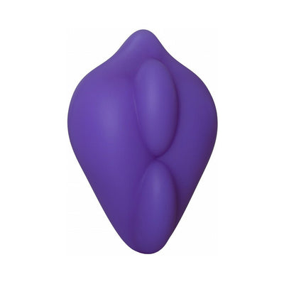 Purple silicone BumpHer sleeve with dual raised bumps for enhanced strap-on comfort and stimulation.