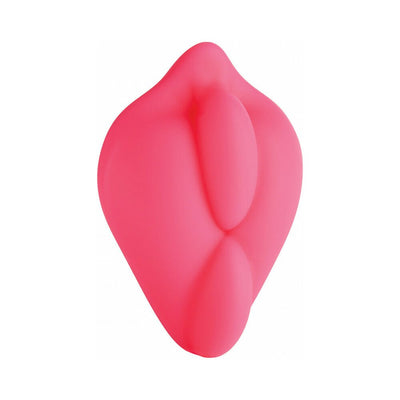 Sweet pink silicone BumpHer sleeve with double-bump design for enhanced strap-on comfort and stimulation.