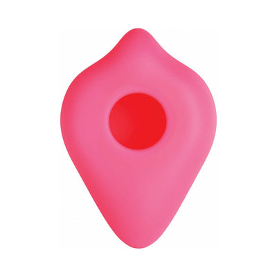 Pink silicone sleeve with a central hole and contoured shape for enhanced comfort and stimulation.