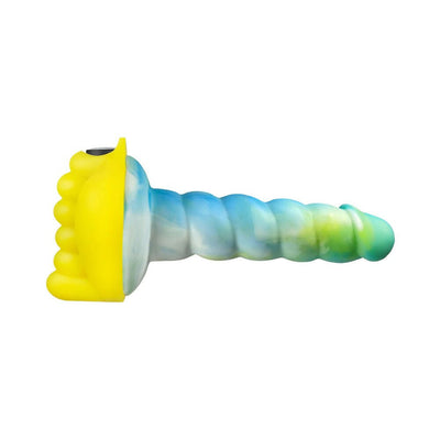 Side view of Banana Pants Honeybunch in sunshine yellow with textured blue and green silicone body and rounded nubs.